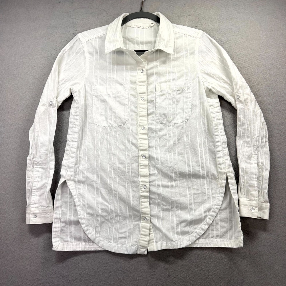 Athleta Shirt Top Womens Small White Textured Stripe Roll Tab Sleeve Button Up